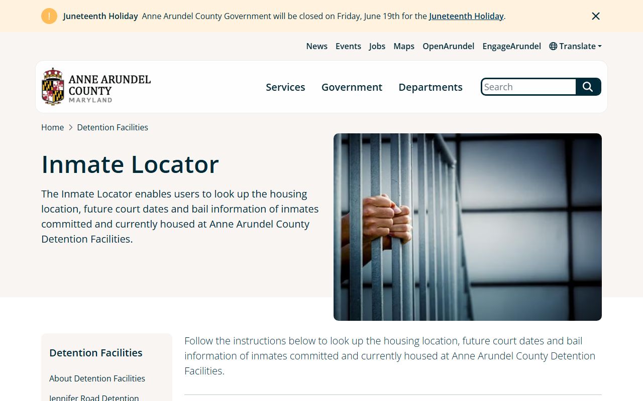 Anne Arundel County inmate population locator search interface