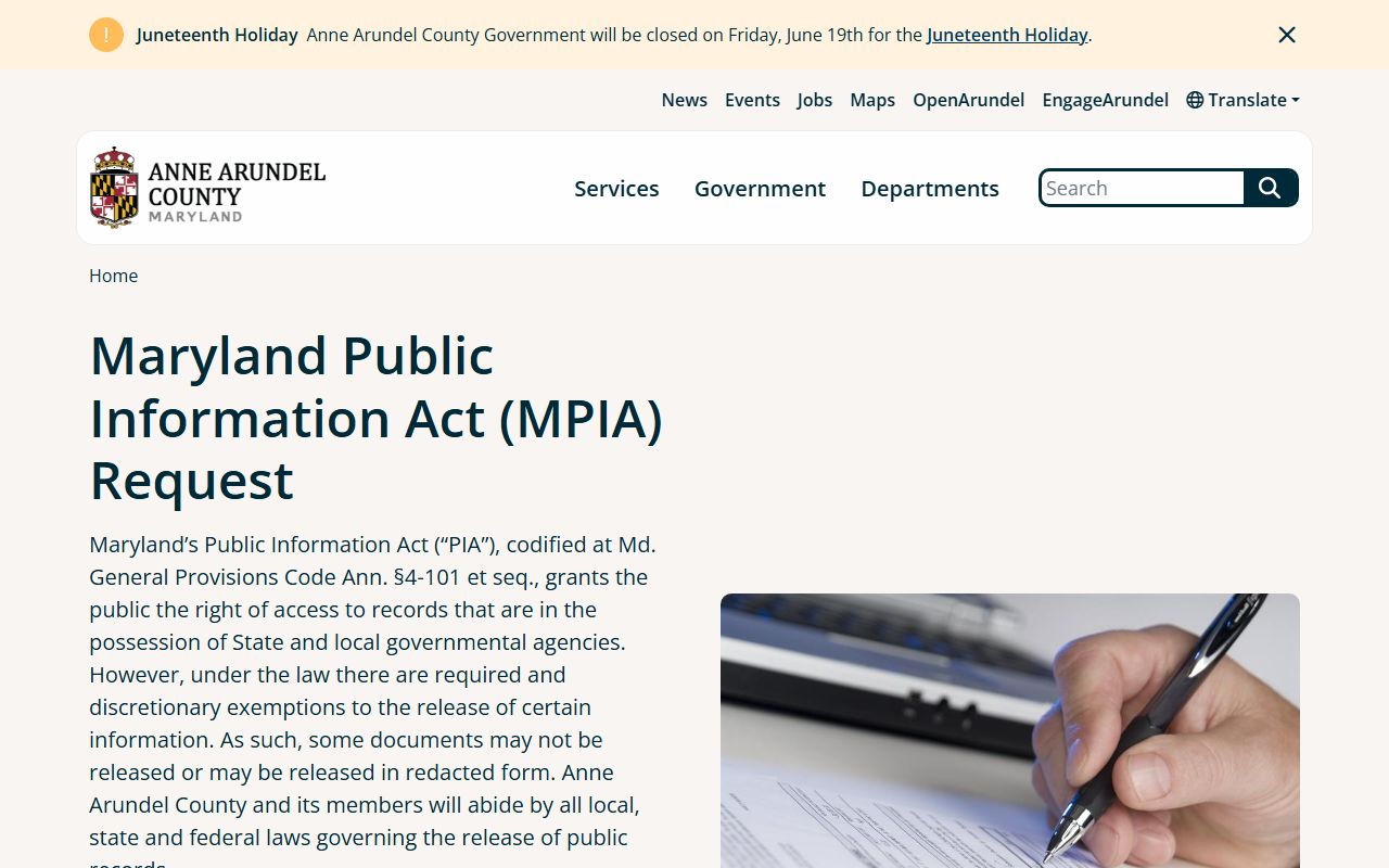 Anne Arundel County PIA portal for detention booking photos and inmate records