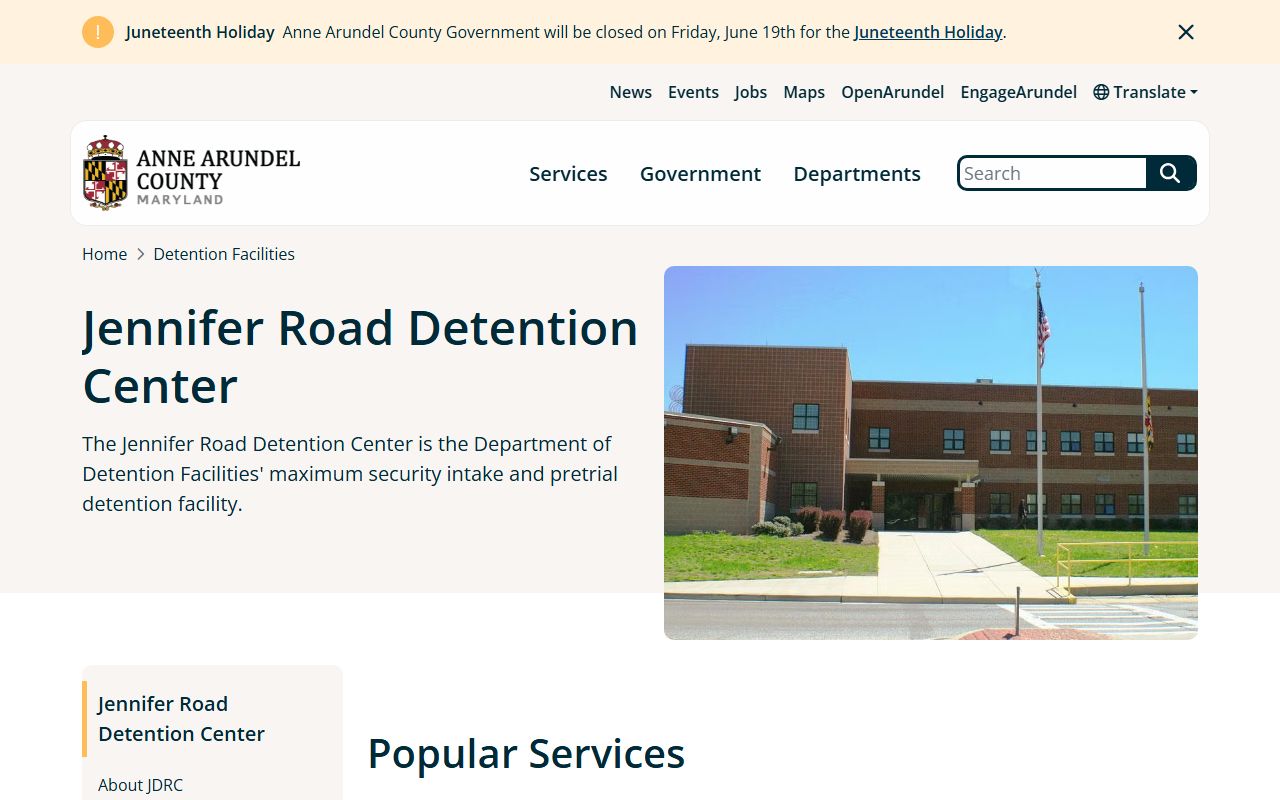 Jennifer Road Detention Center Anne Arundel County inmate lookup facility page