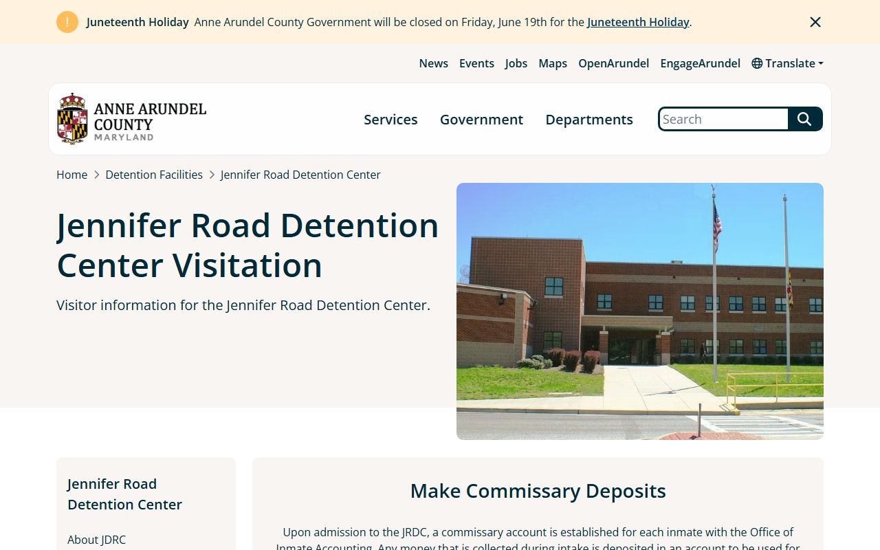 Jennifer Road Detention Center Anne Arundel County visitation rules for inmates